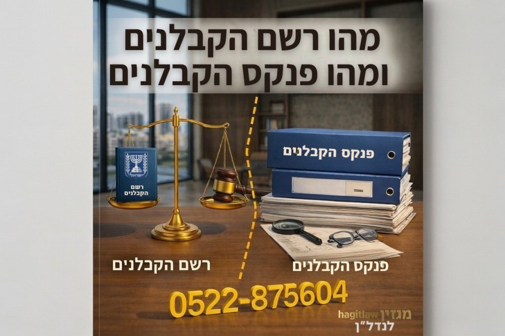 שולחן עבודה משפטי המחולק לשניים: בצד אחד מאזני צדק וספר רשמי של רשם הקבלנים, ובצד השני קלסרים ומסמכים של פנקס הקבלנים, המדגימים את ההבדל בין סמכות הרישום למאגר הפומבי