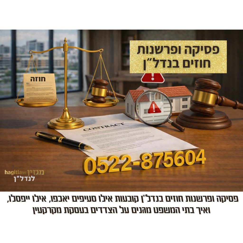 שולחן עבודה משפטי עם חוזה מקרקעין פתוח, מאזני צדק, פטיש שופט, זכוכית מגדלת הבוחנת בית מגורים וסמלי אזהרה, המדגימים פסיקה ופרשנות חוזים בנדל״ן,