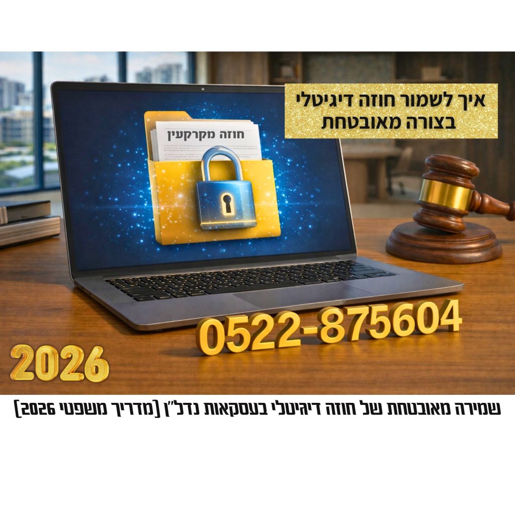 מחשב נייד המציג תיקייה דיגיטלית נעולה עם מסמך חוזה, לצד פטיש שופט על שולחן עבודה משפטי המחשה לשמירה מאובטחת של חוזה דיגיטלי בעסקאות נדל״ן
