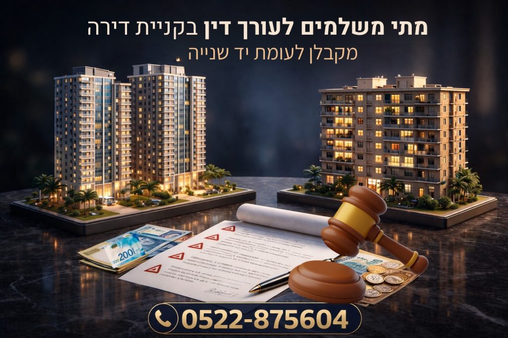 שני מודלים של בנייני מגורים – פרויקט חדש לצד בניין קיים – עם חוזה מכר, כסף ופטיש שופט על שולחן, המדגימים את מועד התשלום לעורך דין בקניית דירה מקבלן לעומת יד שנייה