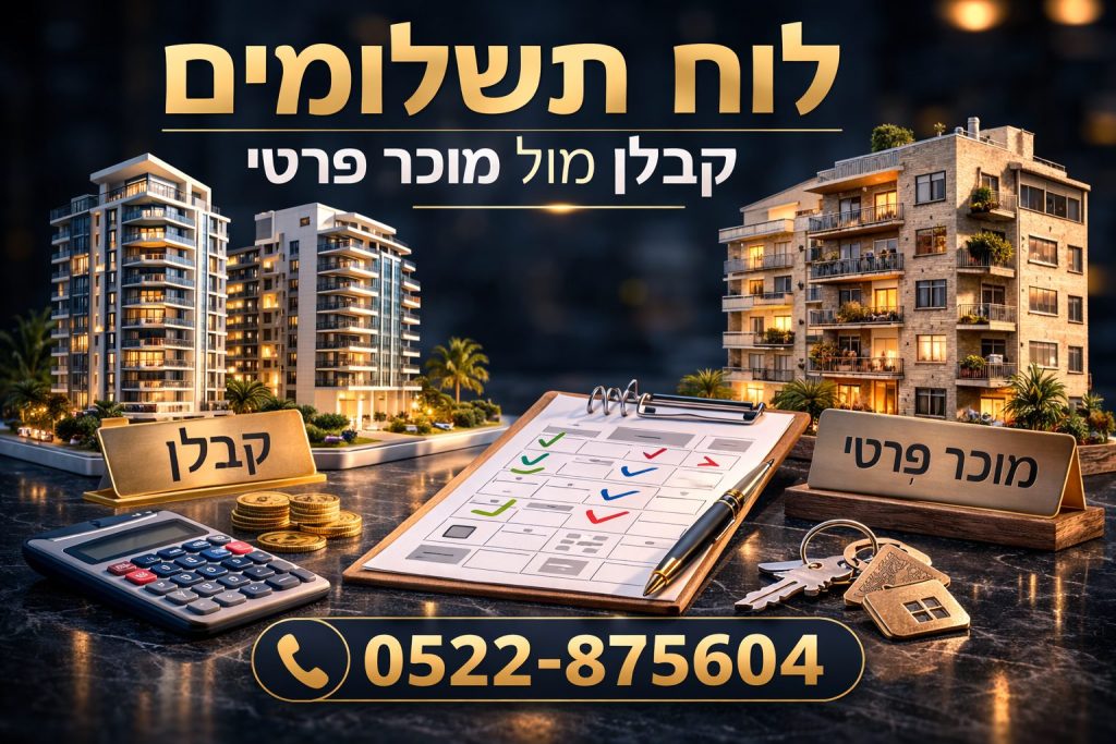 לוח תשלומים על קלסר עם סימוני וי, מחשבון ומטבעות, בין מודל בניין חדש לבין בניין קיים, המדגימים את ההבדל בלוח התשלומים בין רכישת דירה מקבלן לבין דירה ממוכר פרטי