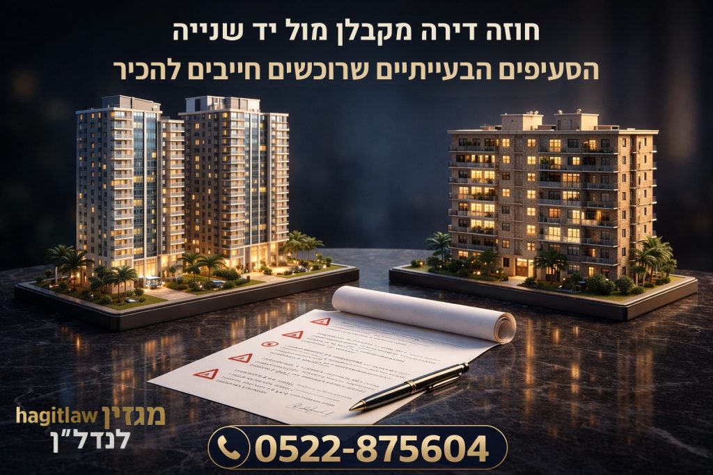 שני מודלים של בנייני מגורים – מגדל חדש לצד בניין מגורים ותיק – עם חוזה מכר פתוח וסימני אזהרה על המסמך, המדגימים סעיפים בעייתיים בחוזה דירה מקבלן לעומת חוזה דירה יד שנייה