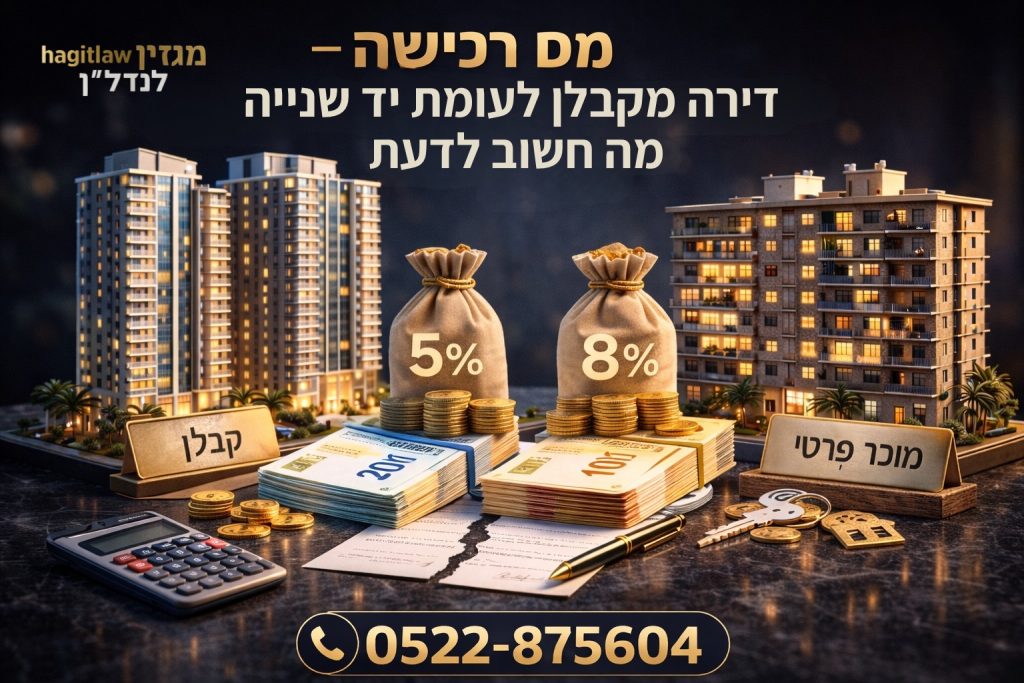 השוואת מס רכישה בין דירה מקבלן לבין דירה יד שנייה, עם שקי כסף המסומנים 5% ו-8%, לצד מודלים של בנייני מגורים חדשים וישנים