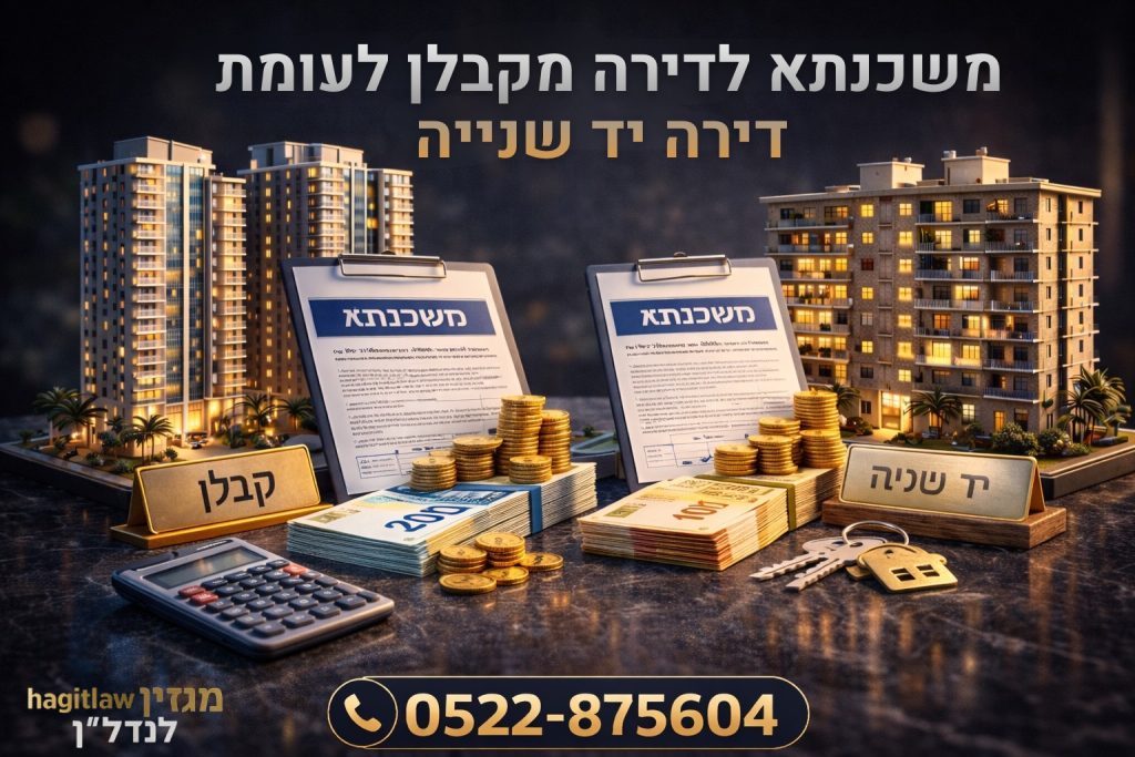 השוואת משכנתא בין רכישת דירה מקבלן לבין דירה יד שנייה, עם מסמכי משכנתא, ערימות כסף ומודלים של בנייני מגורים חדשים וישנים