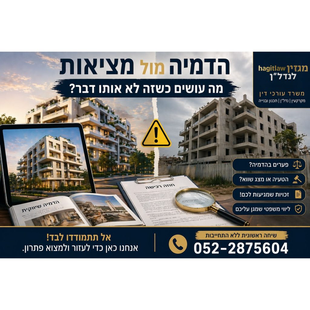 הדמיה שיווקית של בניין מול מציאות בשטח לצד חוזה מכר – המחשה לפער בין הדמיה למציאות בדירה מקבלן