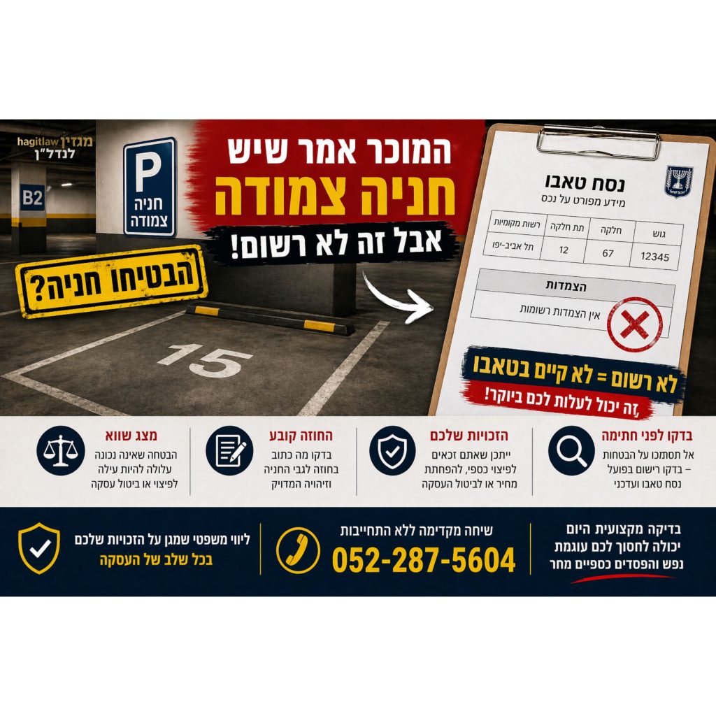 המוכר אמר שיש חניה צמודה אך אינה רשומה בטאבו – בדיקת פער בין מצג מכירה לבין רישום זכויות
