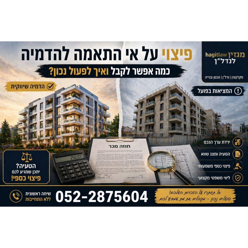 פיצוי על אי התאמה להדמיה – השוואה בין הדמיה שיווקית לבניין בפועל לצד חוזה מכר וכלי חישוב פיצוי