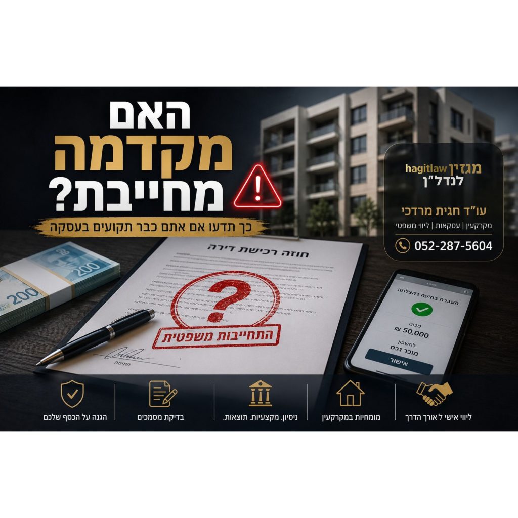 האם מקדמה מחייבת עסקת נדל״ן – חוזה רכישת דירה עם סימן אזהרה ומקדמה כספית ברקע