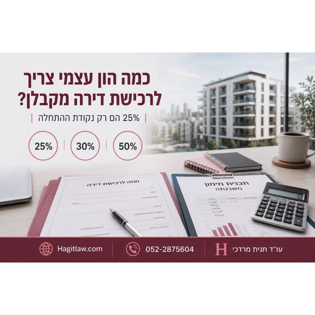 כמה הון עצמי צריך לרכישת דירה מקבלן? המחשה של שיעורי הון עצמי 25%, 30% ו־50%, חוזה רכישת דירה, מסמך מימון ומחשבון | עו״ד חגית מרדכי | Hagitlaw