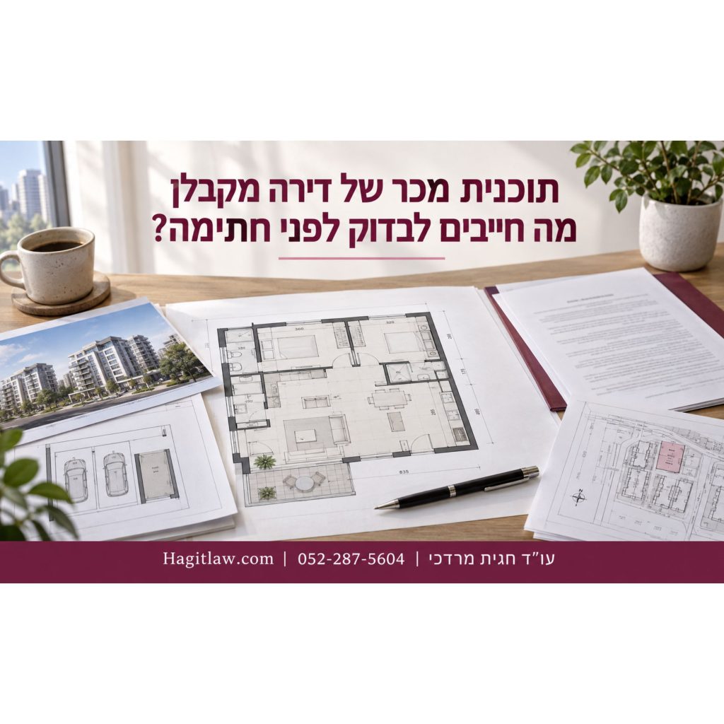 תוכנית מכר של דירה מקבלן לצד הסכם, מפרט טכני, תוכנית חניה והדמיית פרויקט – בדיקות לפני חתימה